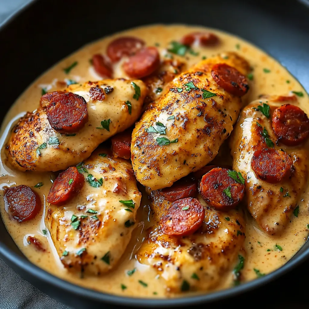 Aiguillettes de poulet nappées de sauce crémeuse au chorizo de bœuf servies dans une assiette rustique