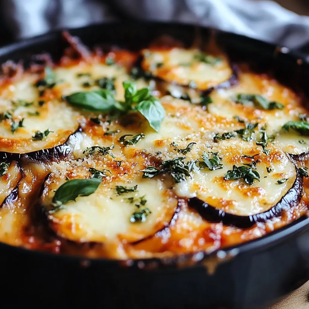 Gratin d’aubergines à la Parmigiana maison, doré et fondant, dans un plat en céramique
