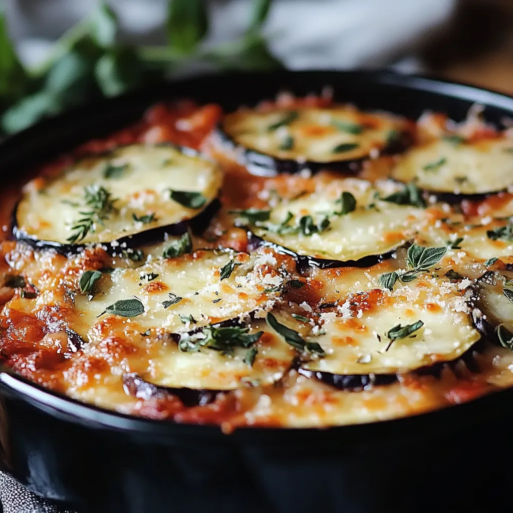 Gratin d’aubergines à la Parmigiana maison, doré et fondant, dans un plat en céramique