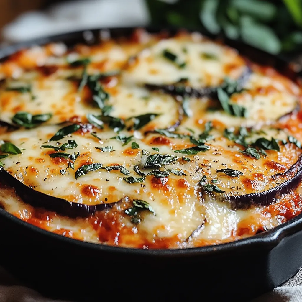 Gratin d’aubergines à la Parmigiana maison, doré et fondant, dans un plat en céramique