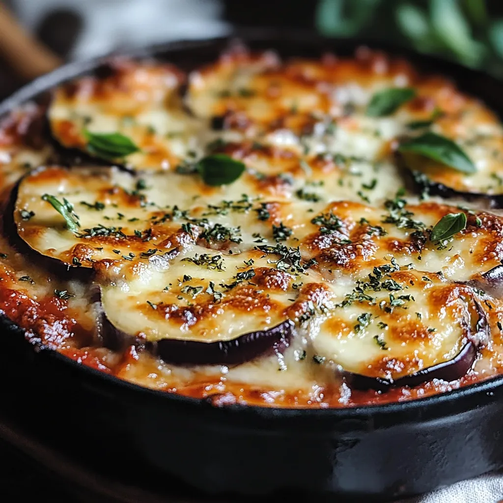 Gratin d’aubergines à la Parmigiana maison, doré et fondant, dans un plat en céramique