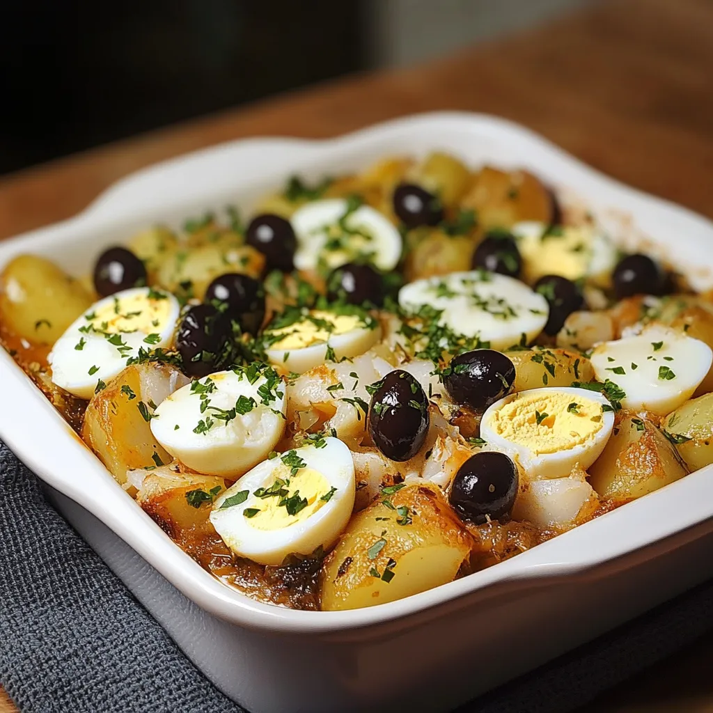 Gratin de morue à la portugaise servi chaud dans un plat rustique avec olives et œufs