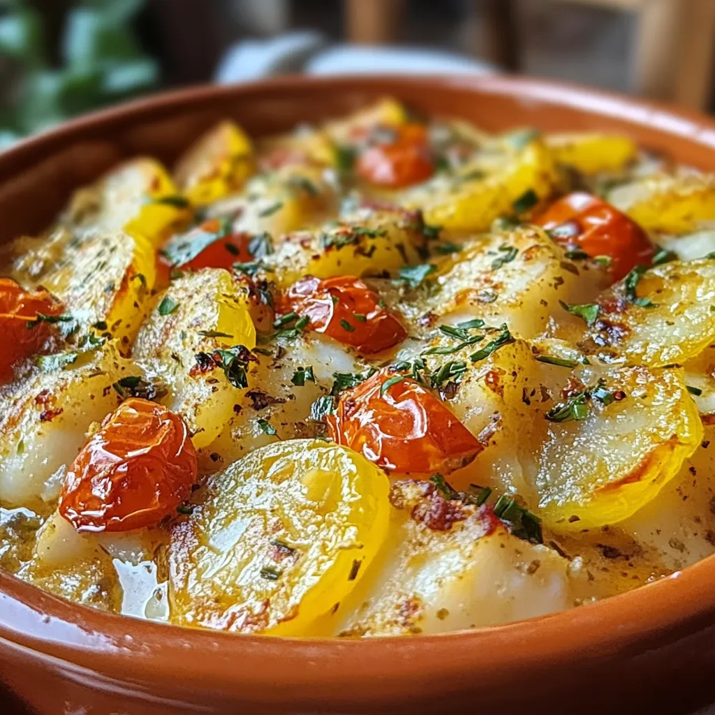 Gratin de Bacalhau à la Portugaise doré au four avec pommes de terre et oignons
