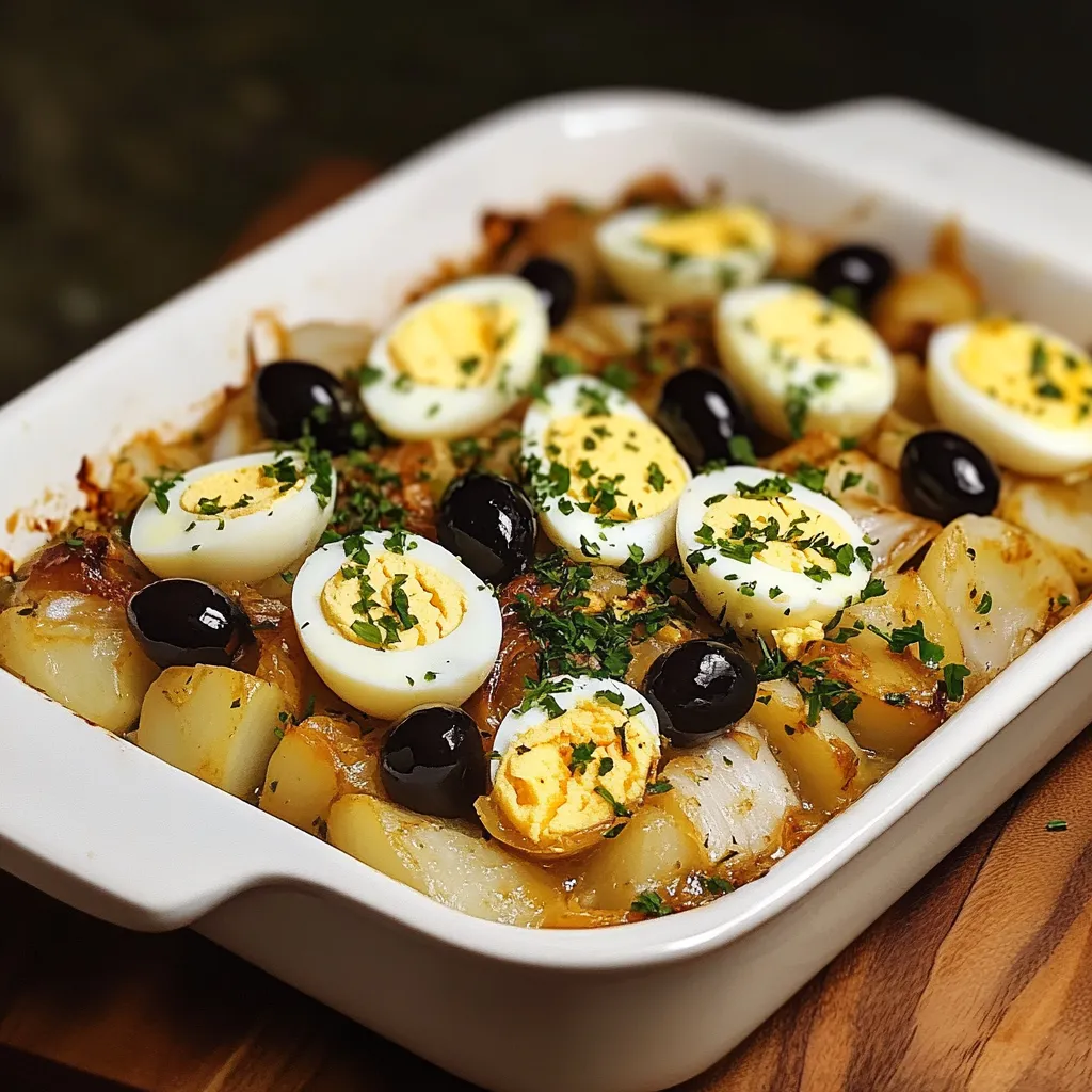 Gratin de morue à la portugaise servi chaud dans un plat rustique avec olives et œufs