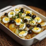 Gratin de morue à la portugaise servi chaud dans un plat rustique avec olives et œufs