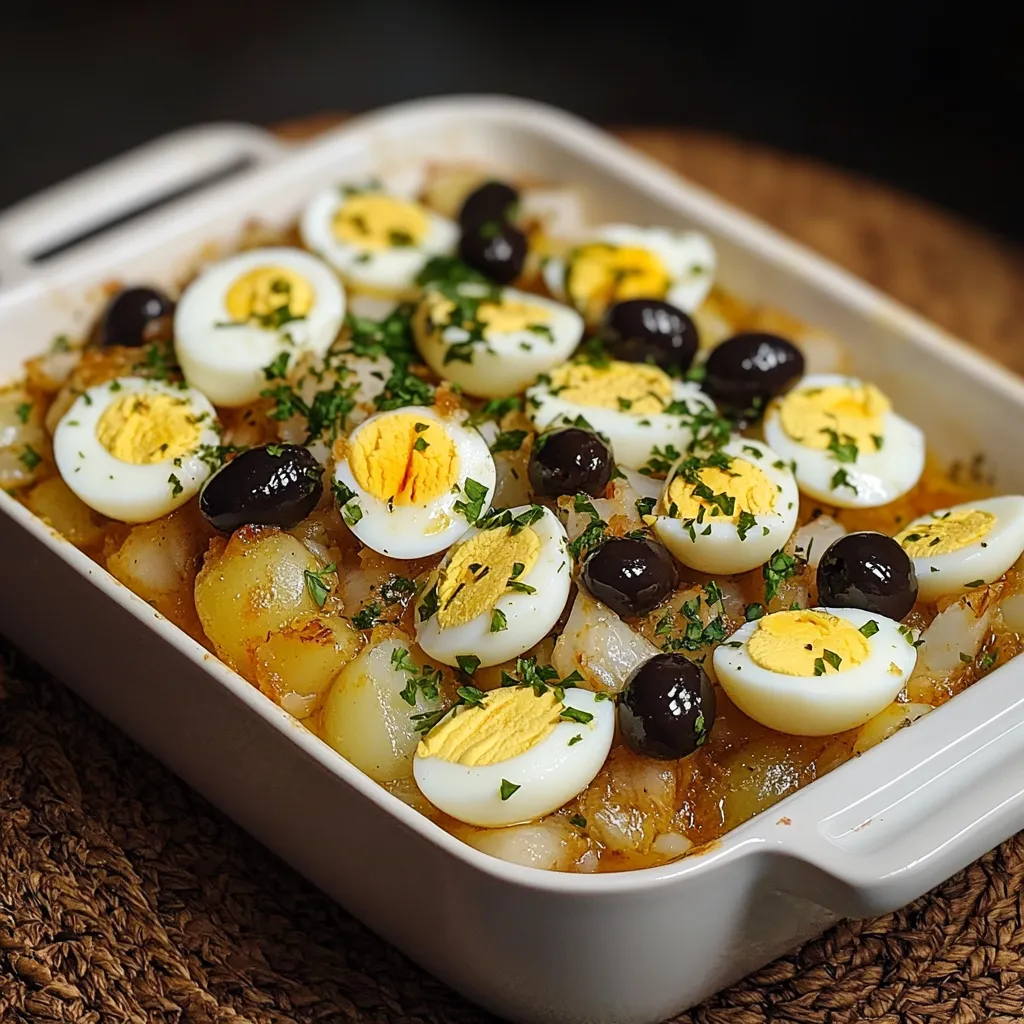 Gratin de morue à la portugaise servi chaud dans un plat rustique avec olives et œufs