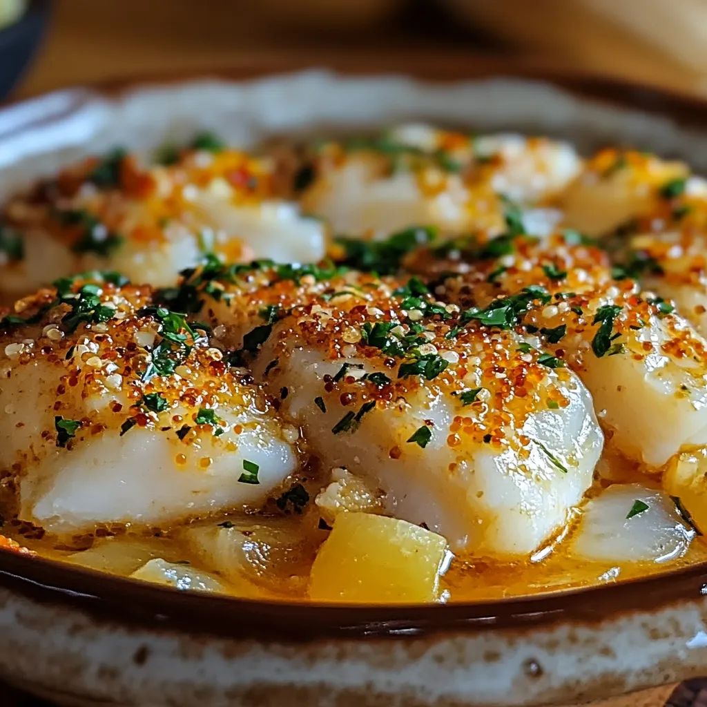 Gratin de morue à la portugaise avec œufs durs et olives noires, servi chaud dans un plat à gratin