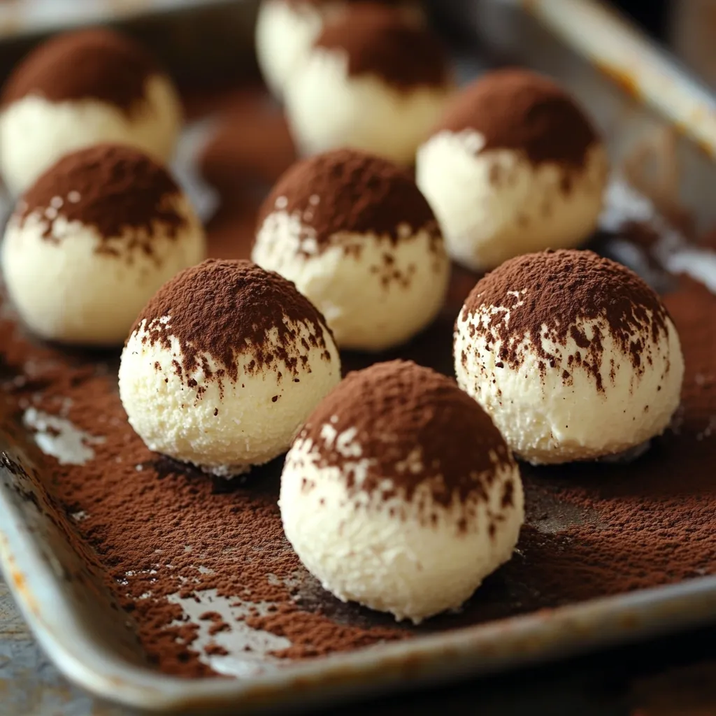 billes de tiramisu roulées dans du cacao, servies sur un plateau
