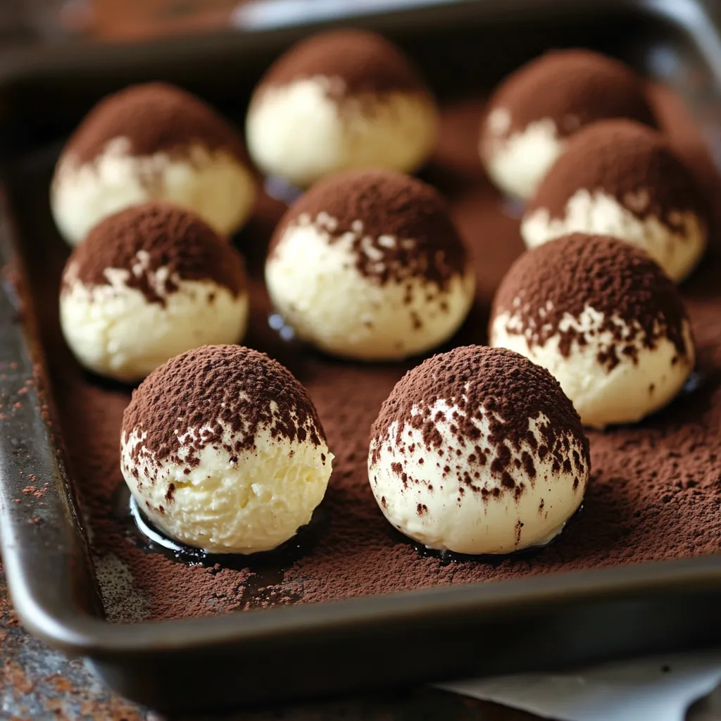 billes de tiramisu roulées dans du cacao, servies sur un plateau