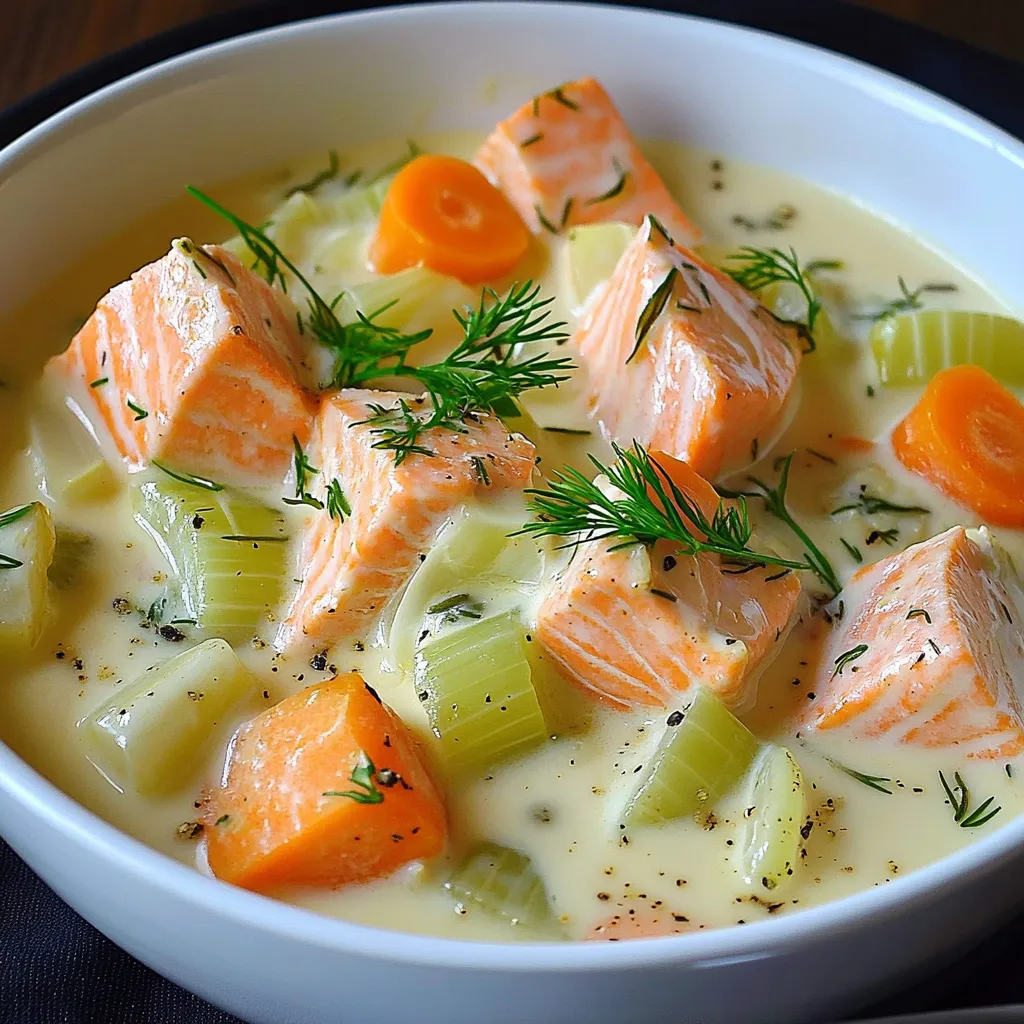 Blanquette de saumon servie dans une assiette creuse avec poireaux et carottes, nappée de sauce blanche onctueuse.