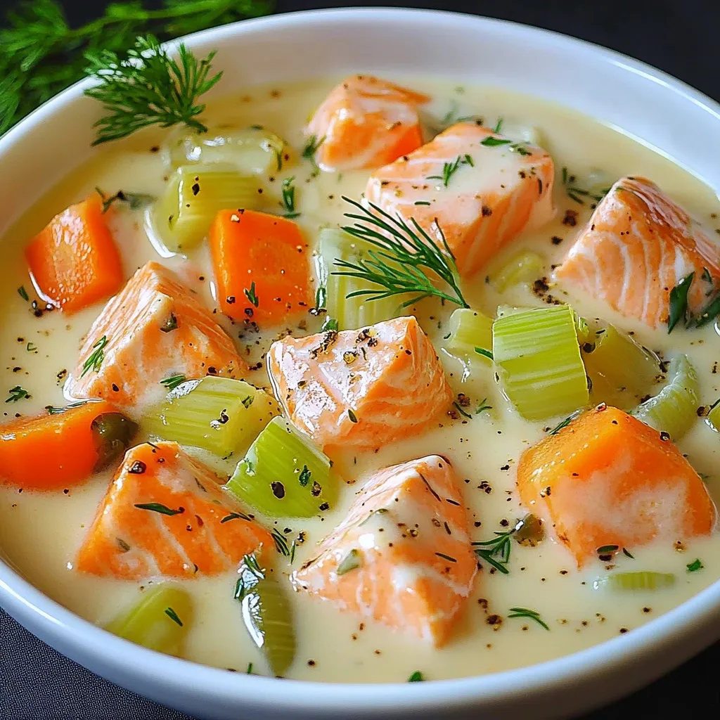 Blanquette de saumon servie dans une assiette creuse avec poireaux et carottes, nappée de sauce blanche onctueuse.