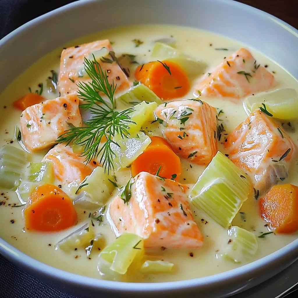 Blanquette de saumon servie dans une assiette creuse avec poireaux et carottes, nappée de sauce blanche onctueuse.