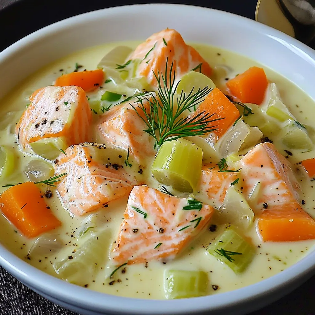 Blanquette de saumon servie dans une assiette creuse avec poireaux et carottes, nappée de sauce blanche onctueuse.