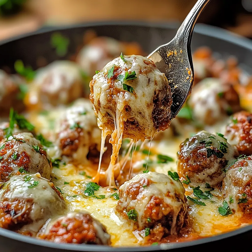 Boulettes de bœuf maison nappées de sauce crémeuse à l’ail et au parmesan servies avec du persil frais