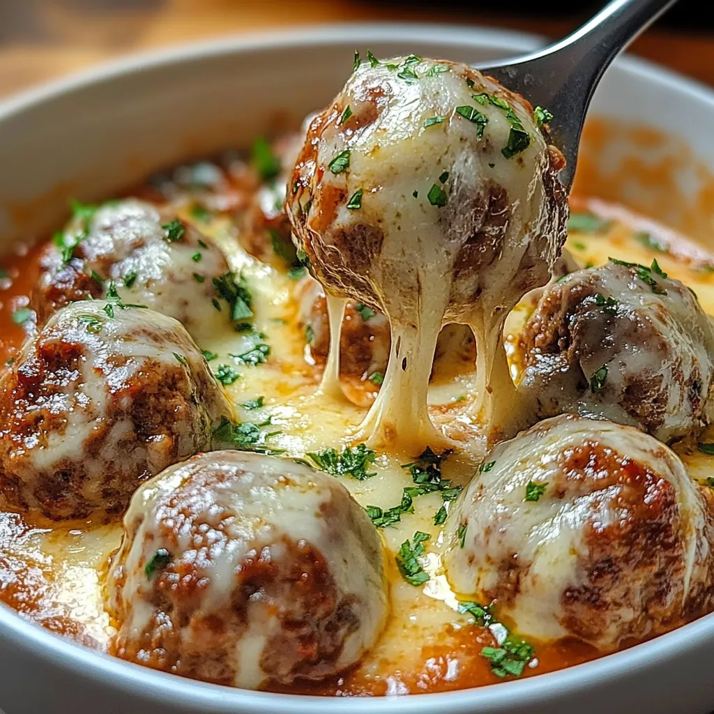 Boulettes de bœuf maison nappées de sauce crémeuse à l’ail et au parmesan servies avec du persil frais