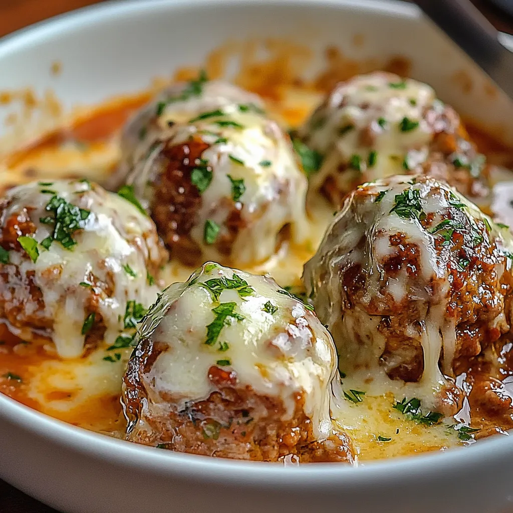 Boulettes de bœuf maison nappées de sauce crémeuse à l’ail et au parmesan servies avec du persil frais