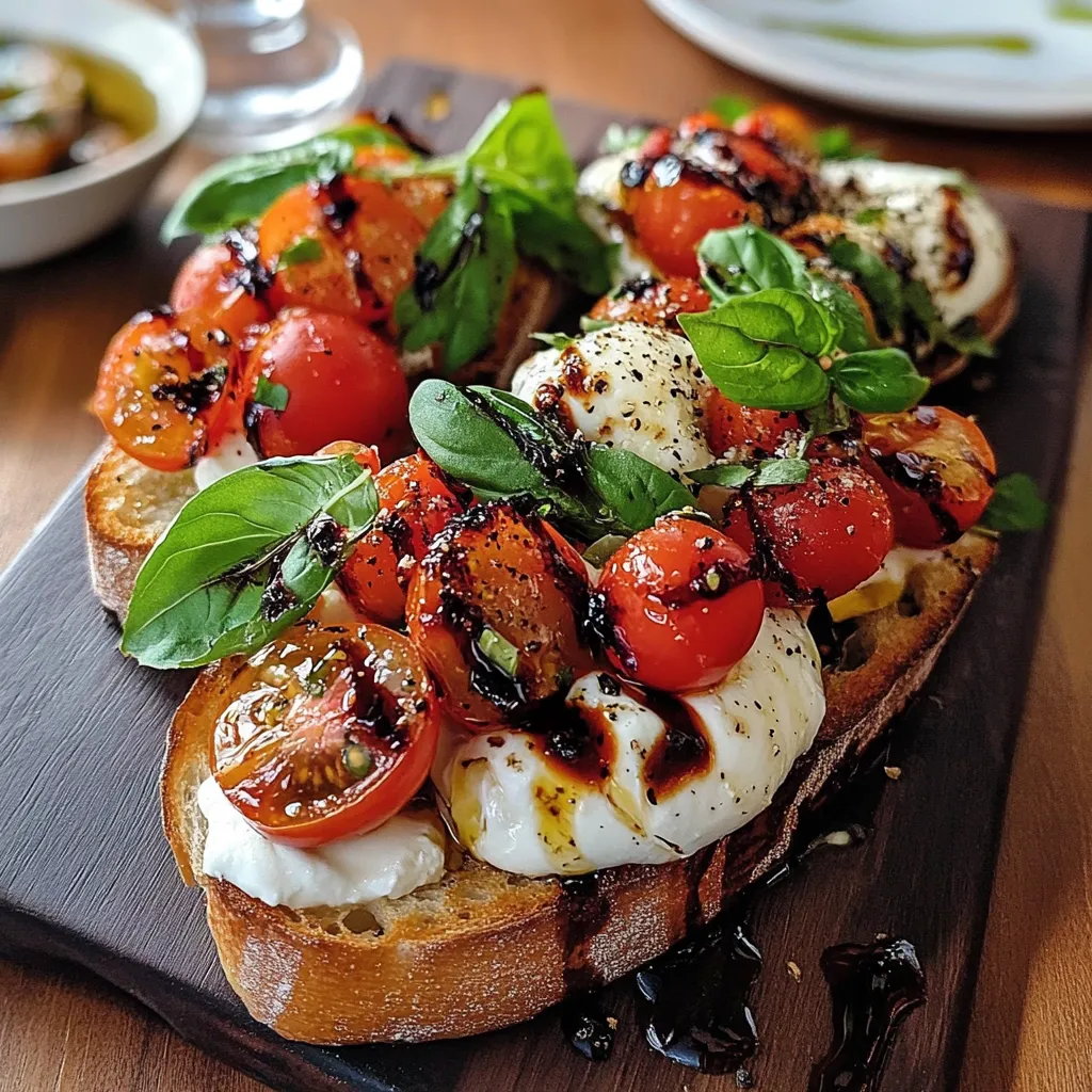 Bruschetta à la burrata servie sur pain grillé avec tomates cerises confites, copeaux de parmesan et pignons de pin.