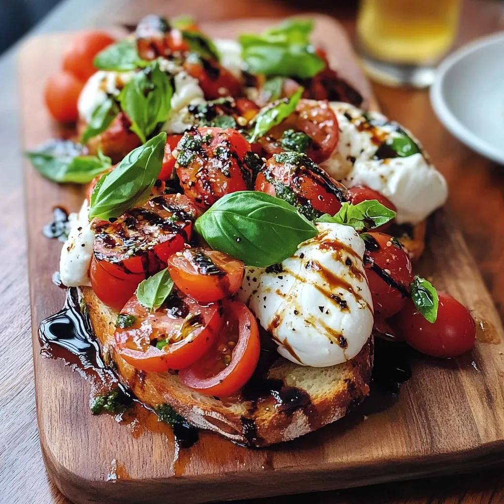 Bruschetta à la burrata servie sur pain grillé avec tomates cerises confites, copeaux de parmesan et pignons de pin.