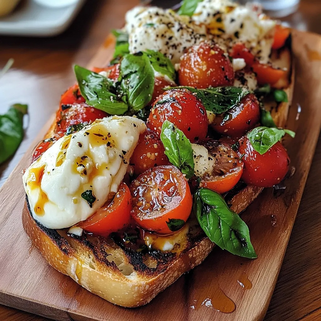 Bruschetta à la burrata servie sur pain grillé avec tomates cerises confites, copeaux de parmesan et pignons de pin.