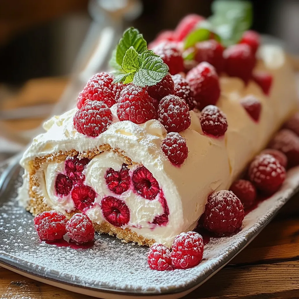 Bûche roulée au mascarpone et framboises, décorée de sucre glace et de framboises fraîches