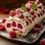 Bûche roulée au mascarpone et framboises, décorée de sucre glace et de framboises fraîches