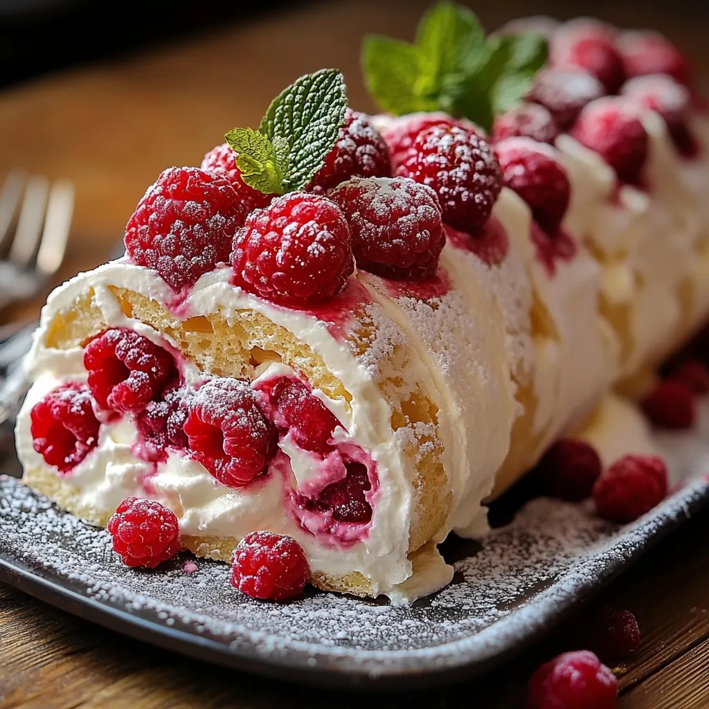 Bûche roulée au mascarpone et framboises, décorée de sucre glace et de framboises fraîches
