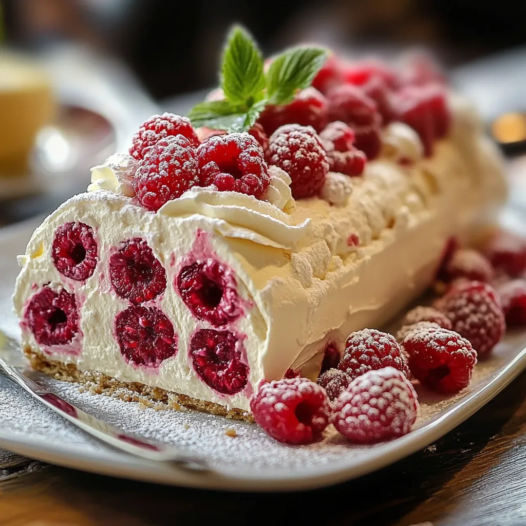 Bûche roulée au mascarpone et framboises, décorée de sucre glace et de framboises fraîches