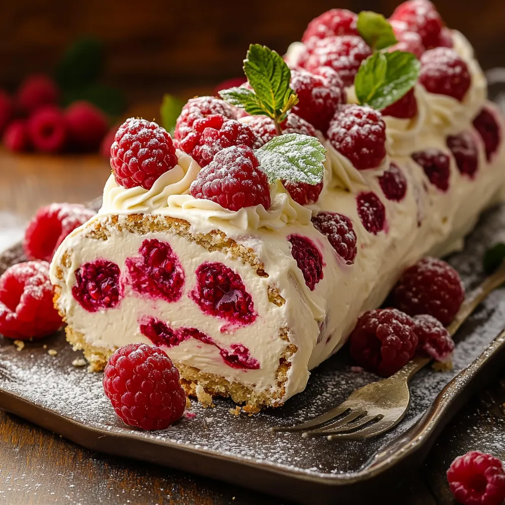 Bûche roulée au mascarpone et framboises, décorée de sucre glace et de framboises fraîches