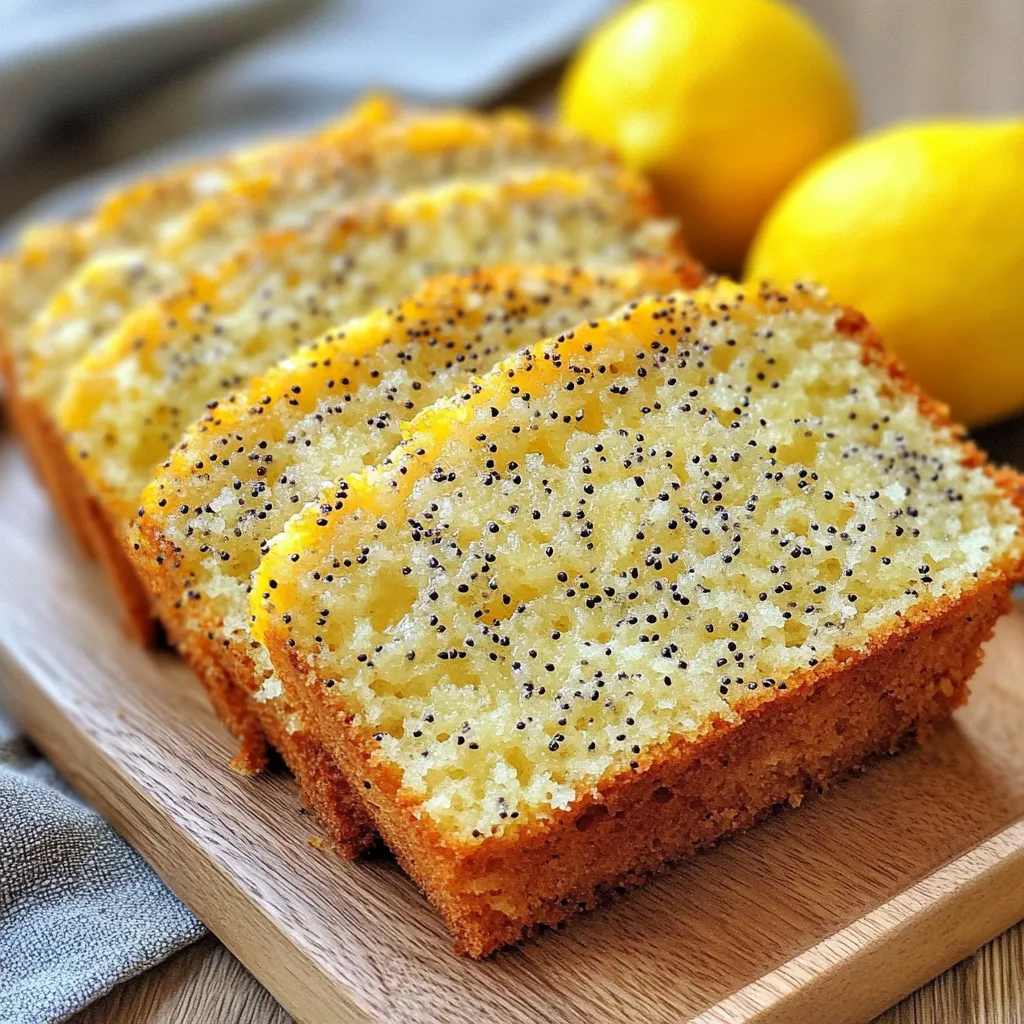 Cake au citron moelleux avec graines de pavot tranché sur une planche en bois.