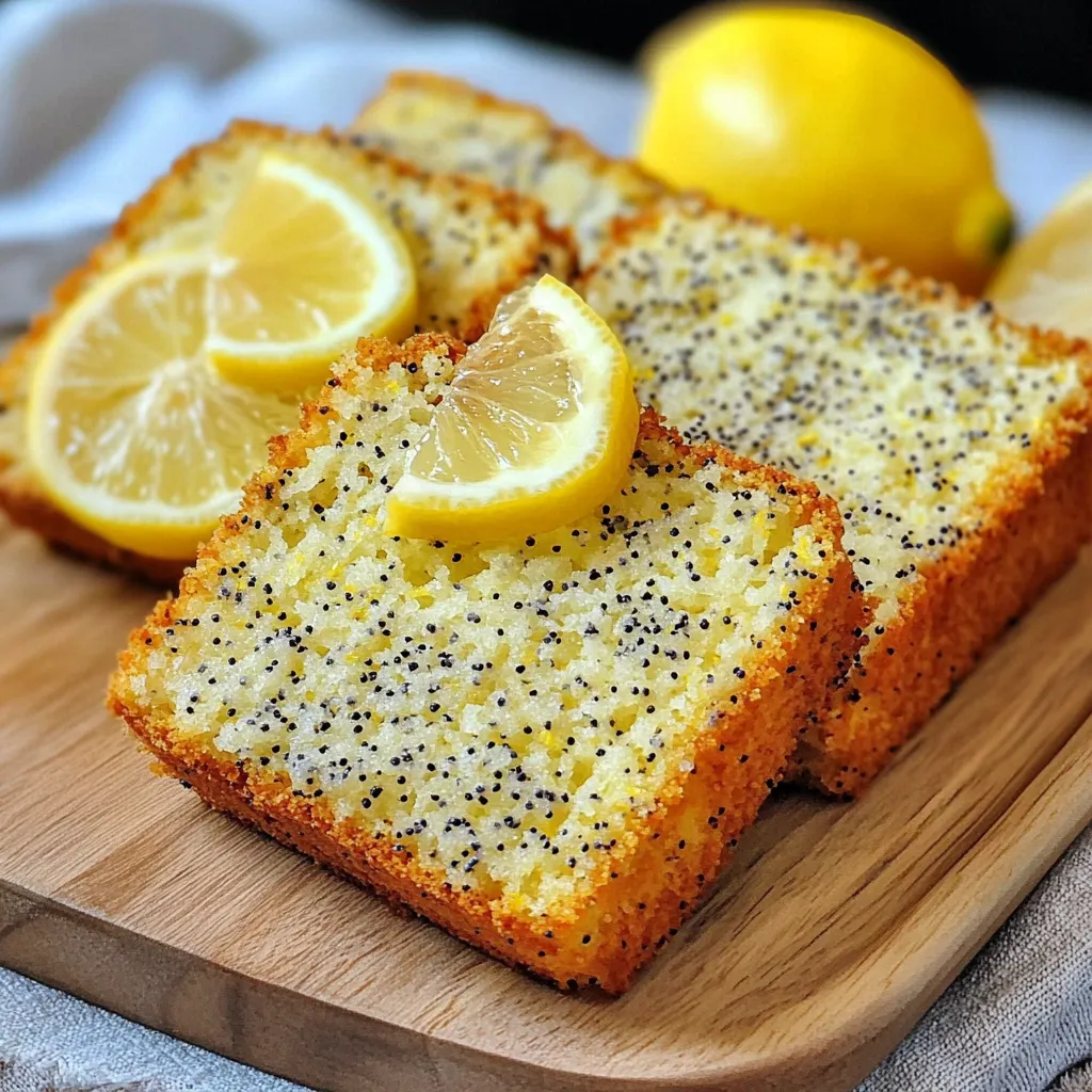Cake au citron moelleux avec graines de pavot tranché sur une planche en bois.