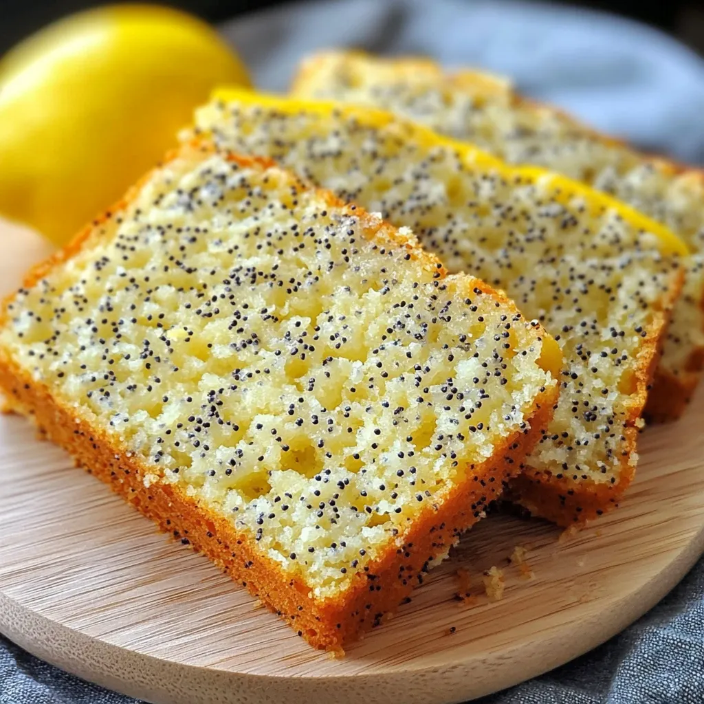 Cake au citron moelleux avec graines de pavot tranché sur une planche en bois.