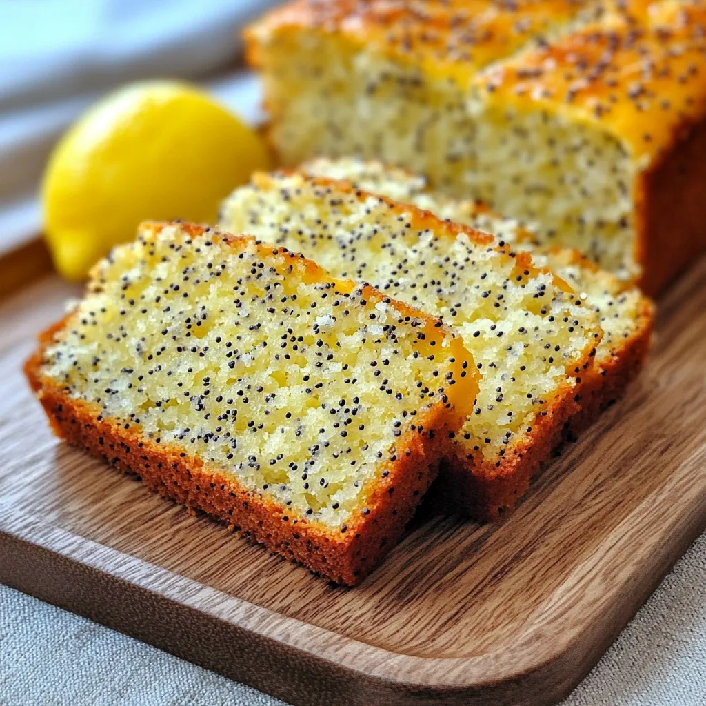 Cake au citron moelleux avec graines de pavot tranché sur une planche en bois.