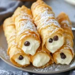 Cannoli dorés garnis de crème pâtissière citronnée sur une assiette blanche