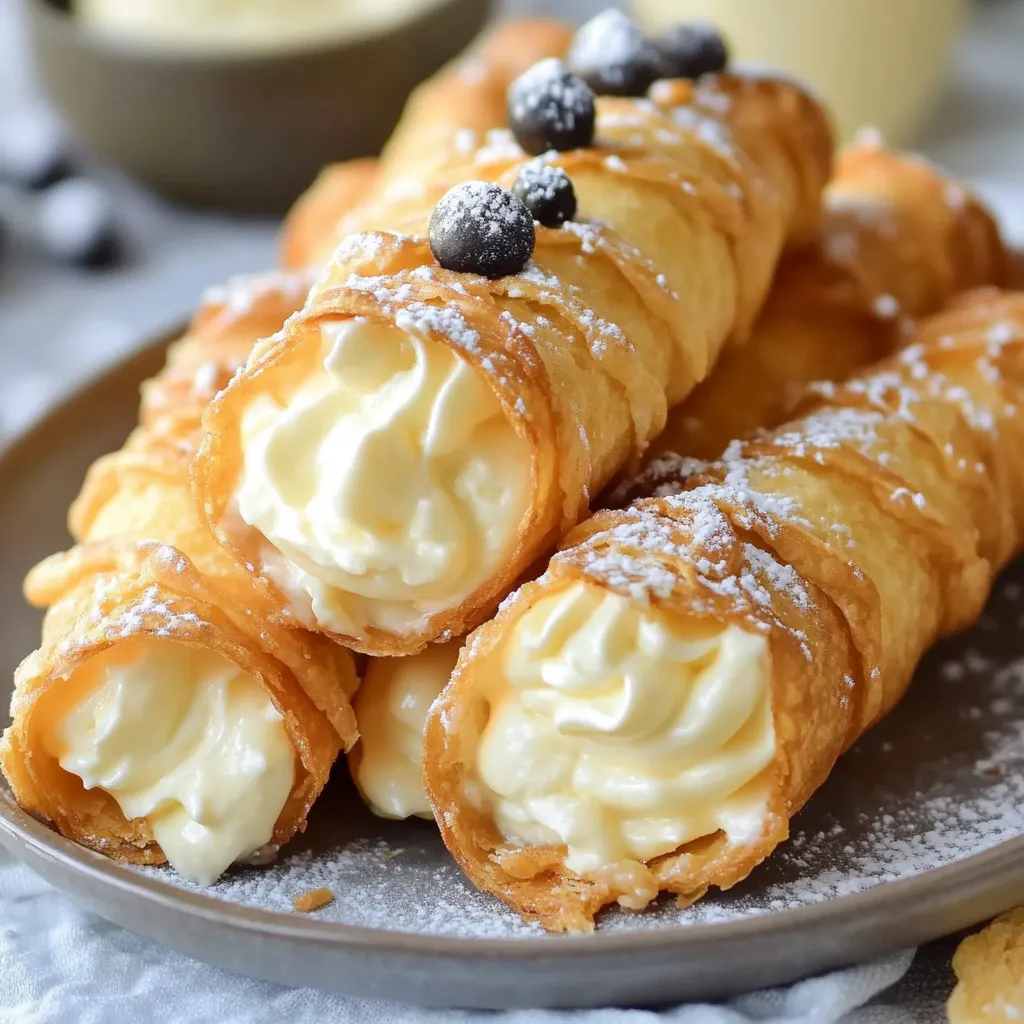 Cannoli dorés garnis de crème pâtissière citronnée sur une assiette blanche
