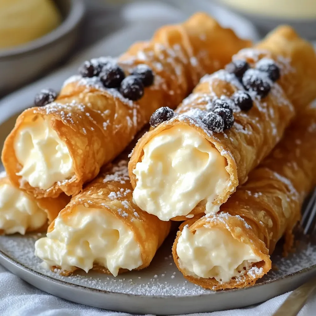 Cannoli dorés garnis de crème pâtissière citronnée sur une assiette blanche