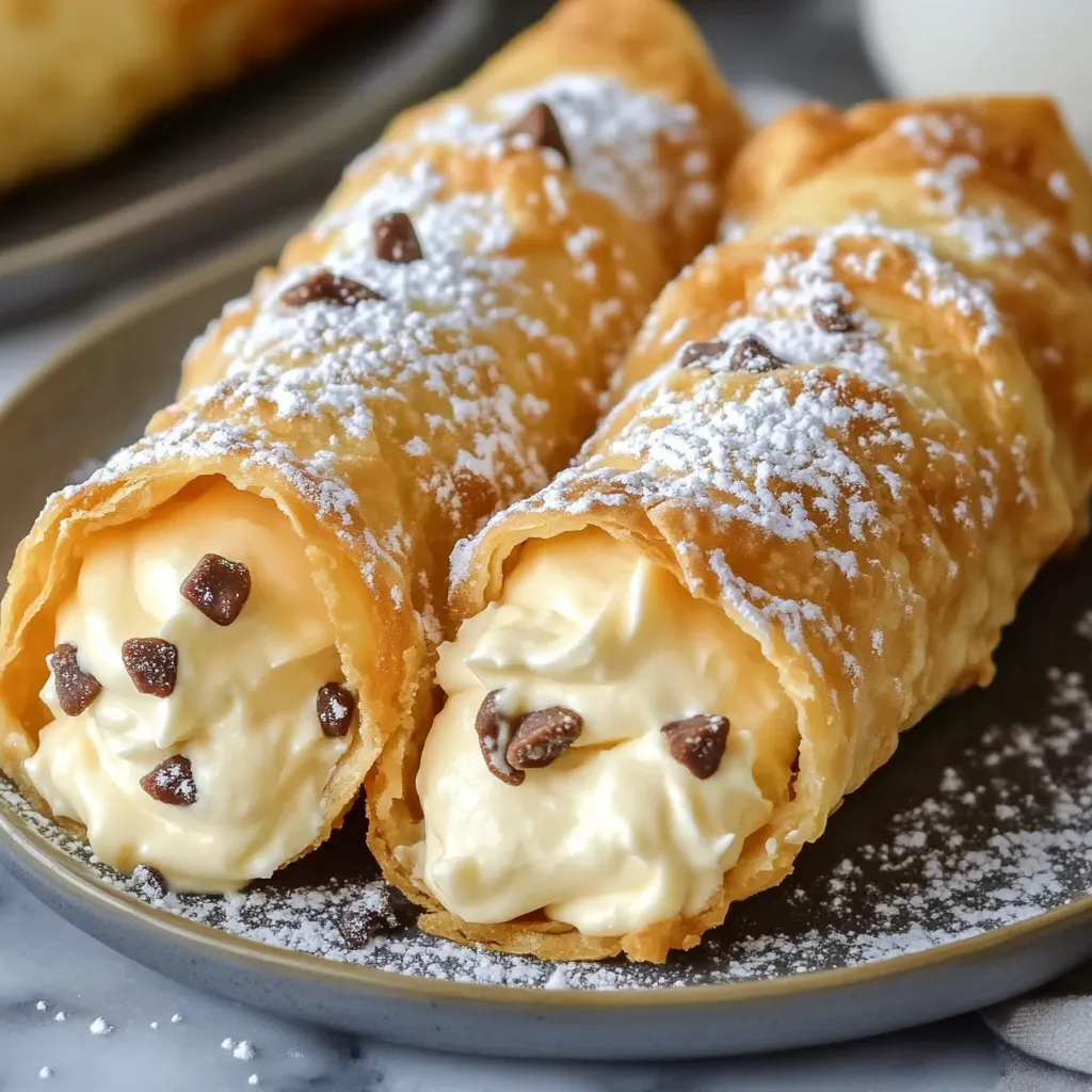 Cannoli dorés garnis de crème pâtissière citronnée sur une assiette blanche