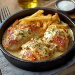 Cassolettes de poulet au maroilles gratinées accompagnées de frites maison croustillantes
