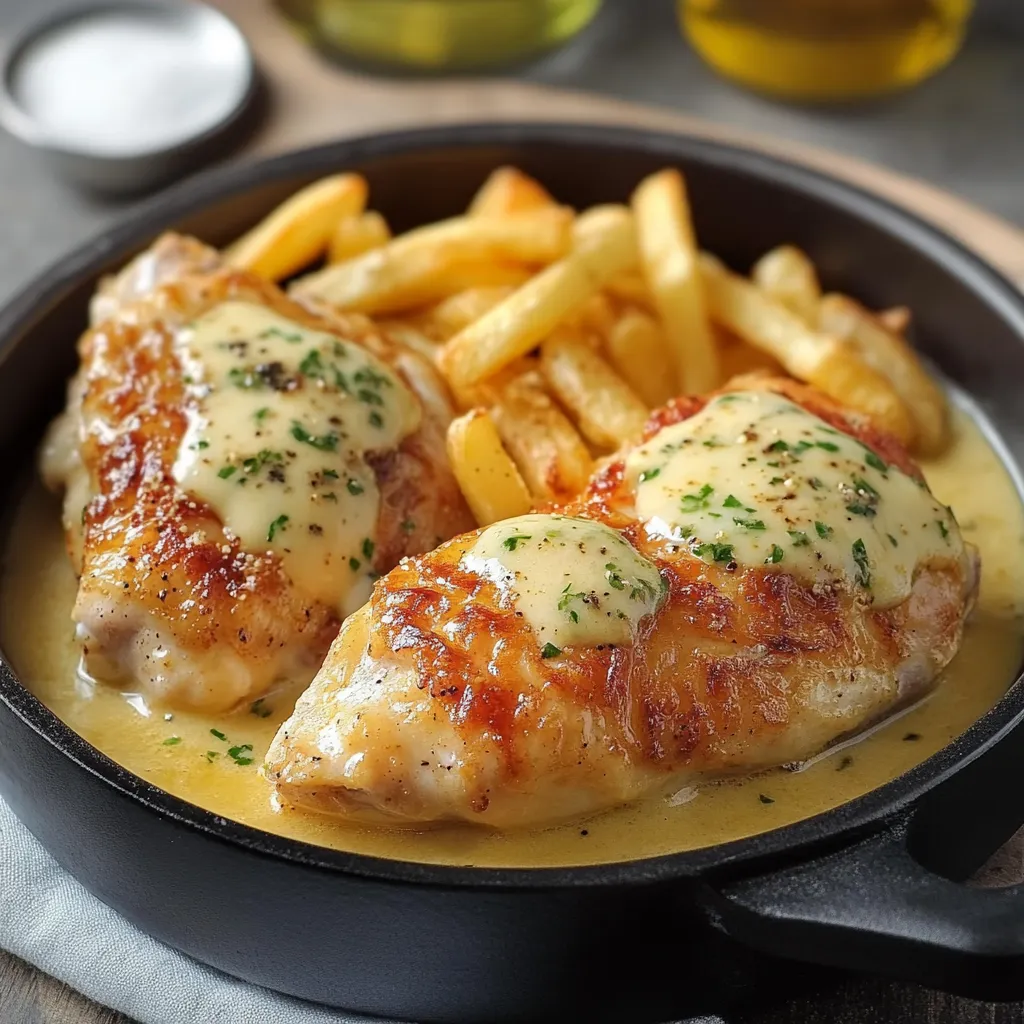  Cassolettes de poulet au maroilles gratinées accompagnées de frites maison croustillantes