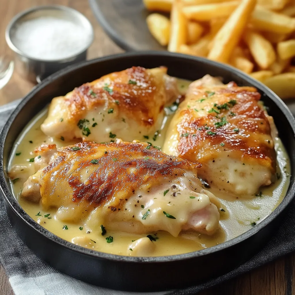  Cassolettes de poulet au maroilles gratinées accompagnées de frites maison croustillantes