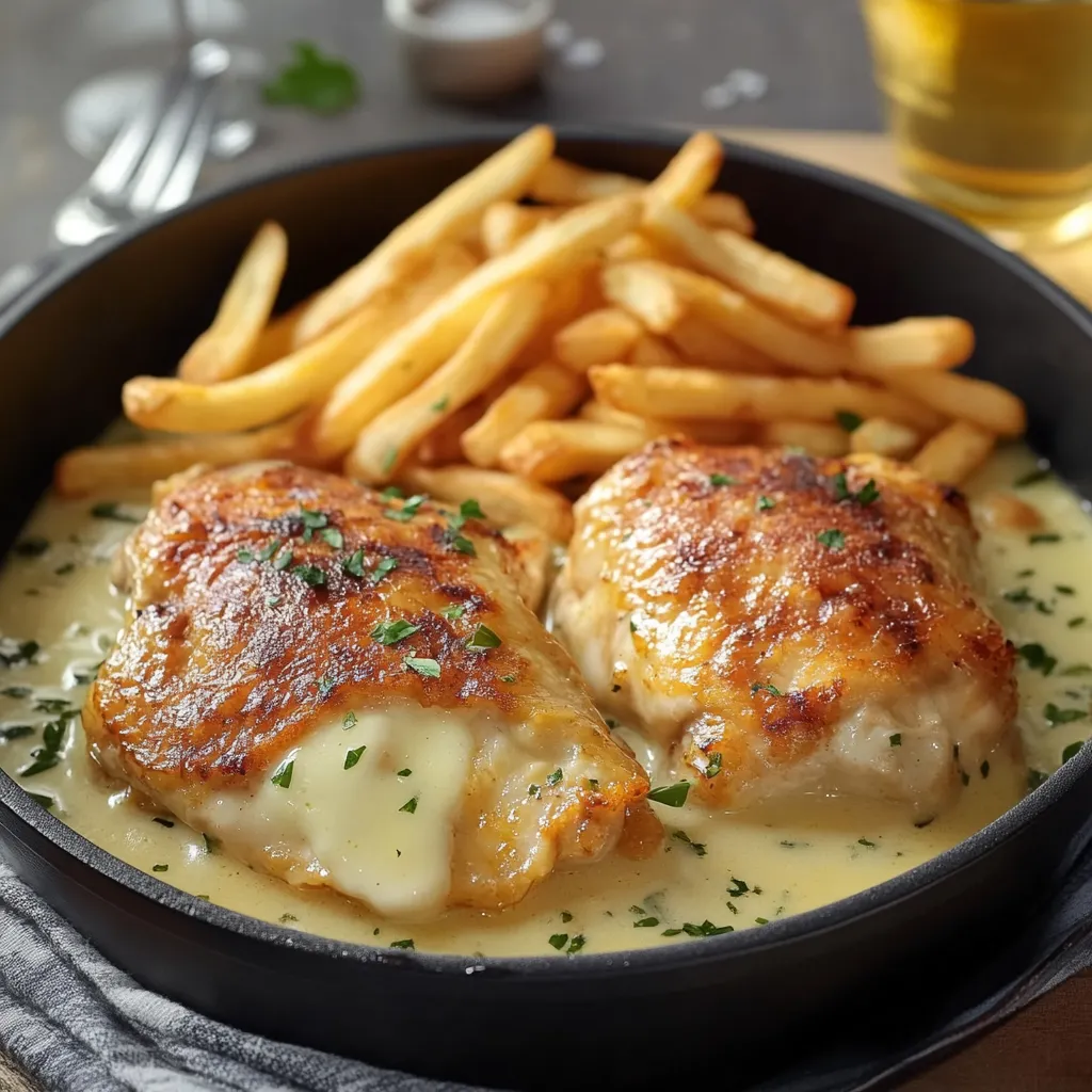  Cassolettes de poulet au maroilles gratinées accompagnées de frites maison croustillantes