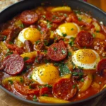 Chachouka au chorizo de bœuf servie dans une poêle, œufs coulants, poivrons colorés et herbes fraîches.