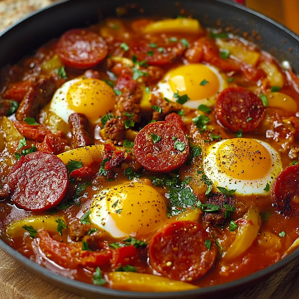 Chachouka au chorizo de bœuf servie dans une poêle, œufs coulants, poivrons colorés et herbes fraîches.
