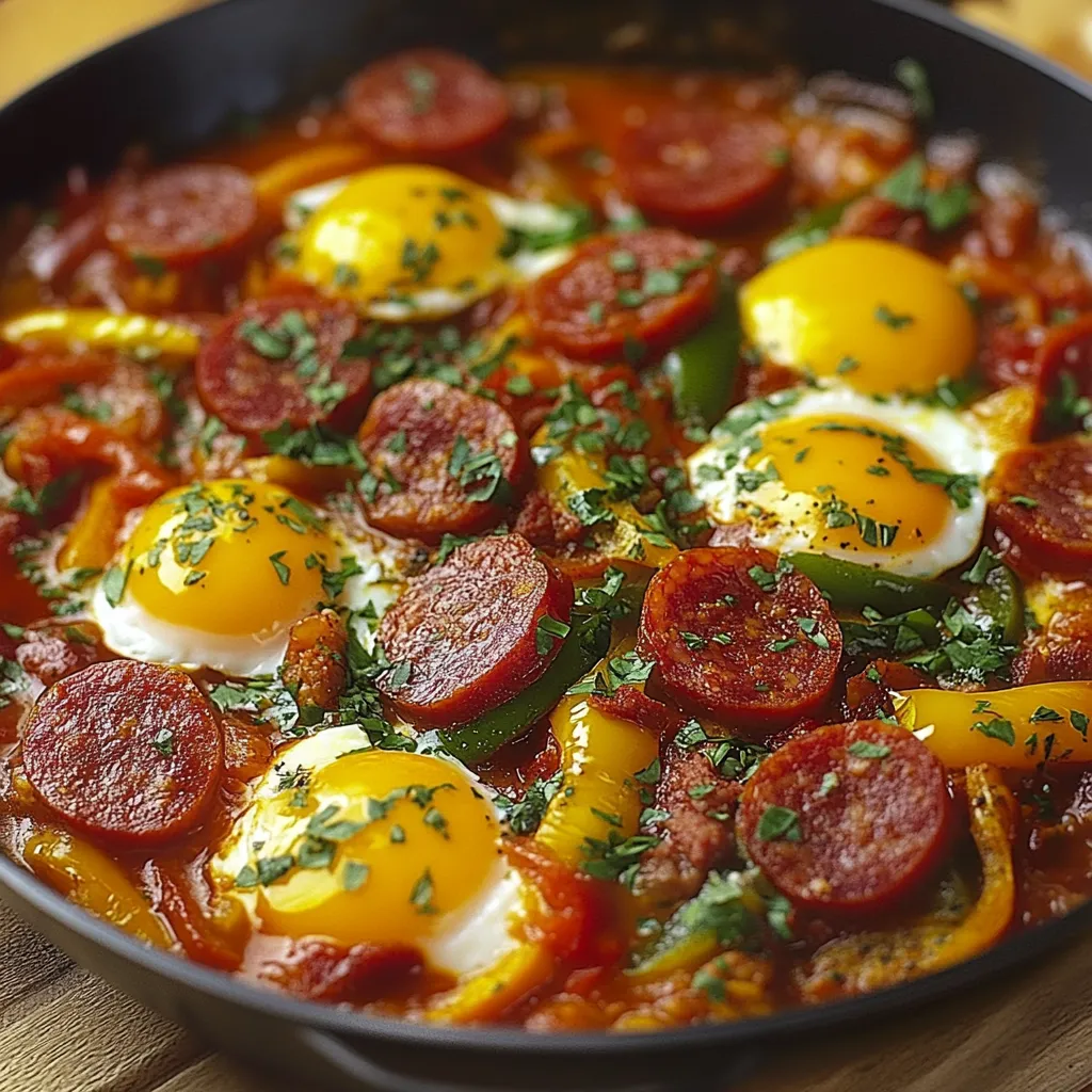 Chachouka au chorizo de bœuf servie dans une poêle, œufs coulants, poivrons colorés et herbes fraîches.