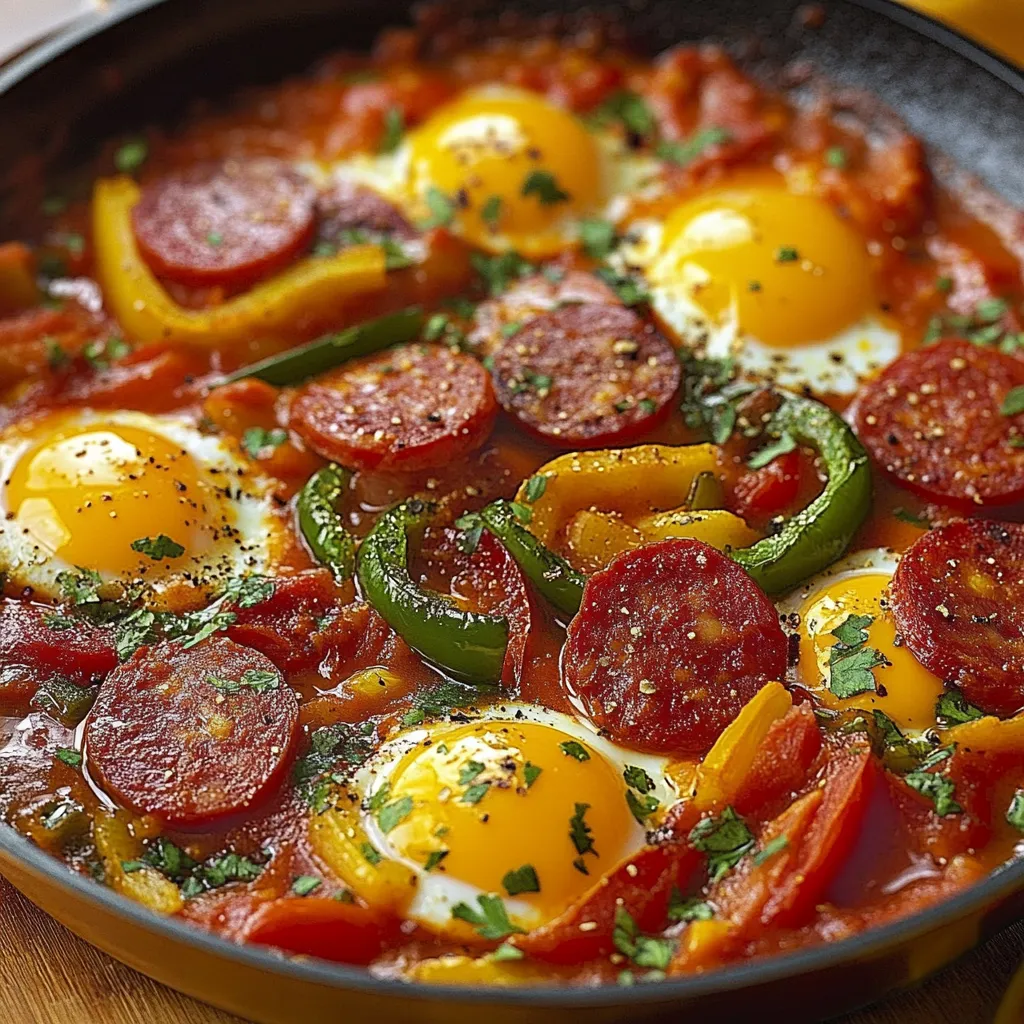 Chachouka au chorizo de bœuf servie dans une poêle, œufs coulants, poivrons colorés et herbes fraîches.