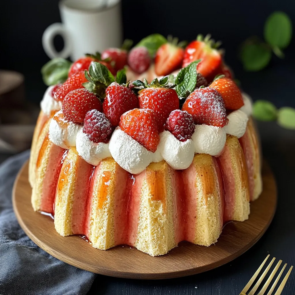 Charlotte aux fraises décorée de fruits frais sur le dessus, dans un plat rond, prête à être servie.