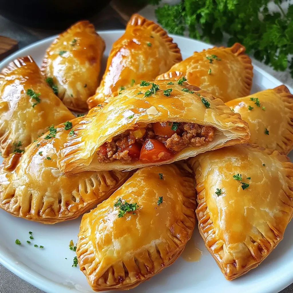 Chaussons farcis à la viande hachée dorés au four, servis sur une assiette avec salade verte