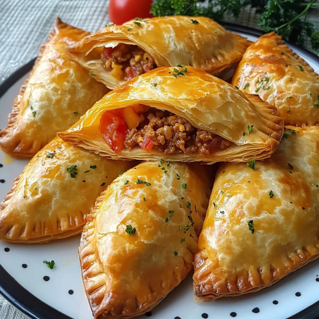 Chaussons farcis à la viande hachée dorés au four, servis sur une assiette avec salade verte