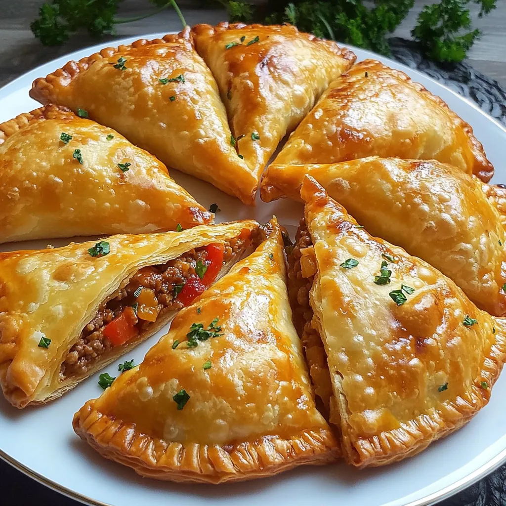 Chaussons farcis à la viande hachée dorés au four, servis sur une assiette avec salade verte