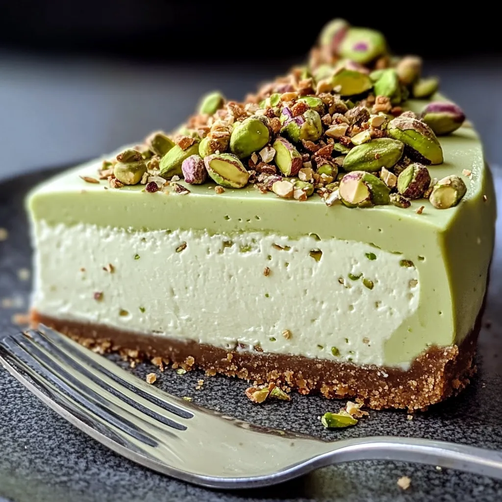 Cheesecake à la pistache sur assiette, nappé de chocolat blanc et décoré de pistaches concassées