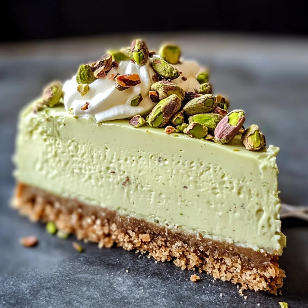 Cheesecake à la pistache sur assiette, nappé de chocolat blanc et décoré de pistaches concassées